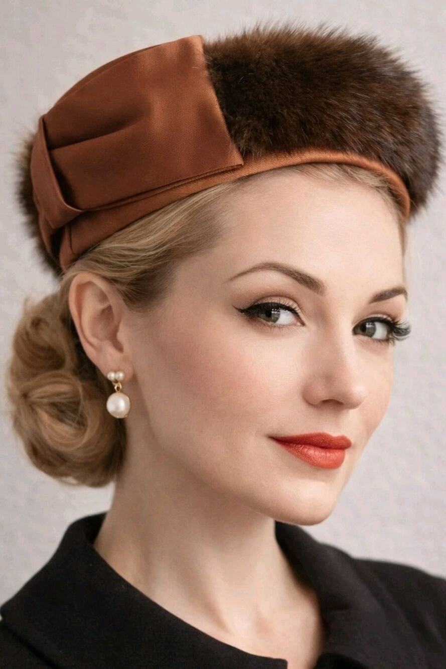 Vtg Mink Fur Headband Halo Hat Brown Satin Pillbox Style Union Made 1940s 50s
